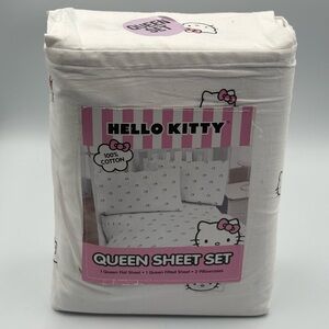 Hello Kitty White Queen Sheet Set Pink Bows 100% Cotton 4pc NWT Sanrio
